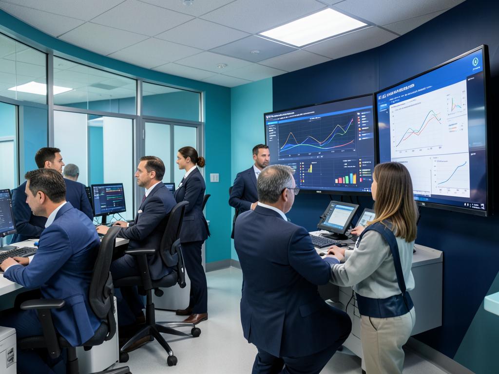 Hospital operations team reviewing dashboards on large screens